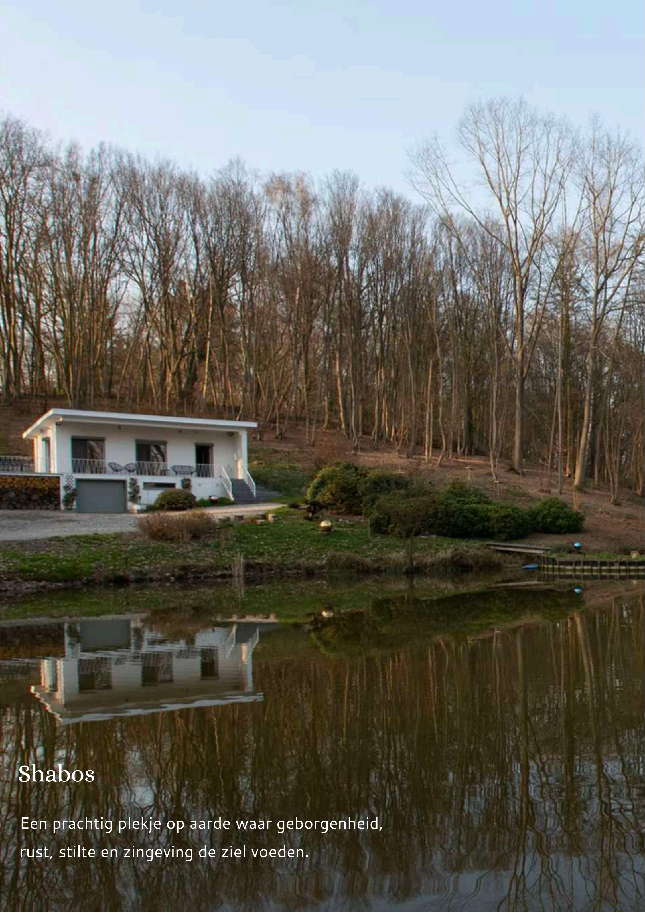 Moderne witte woning aan de rand van een bos, weerspiegeld in een rustige vijver.